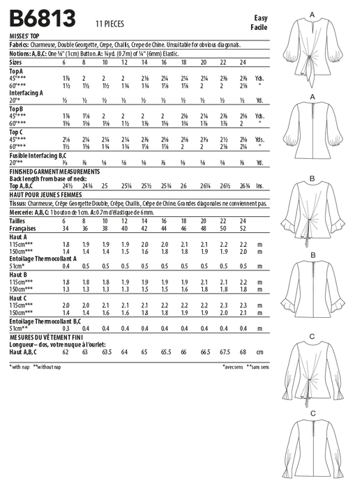 Butterick 6813 Misses Tops pattern from Jaycotts Sewing Supplies