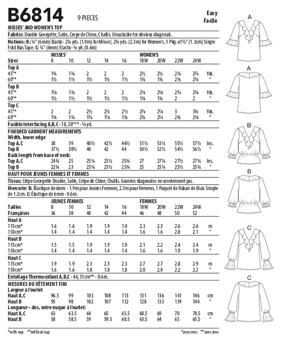 Butterick 6814 Misses / Plus Size Tops pattern from Jaycotts Sewing Supplies