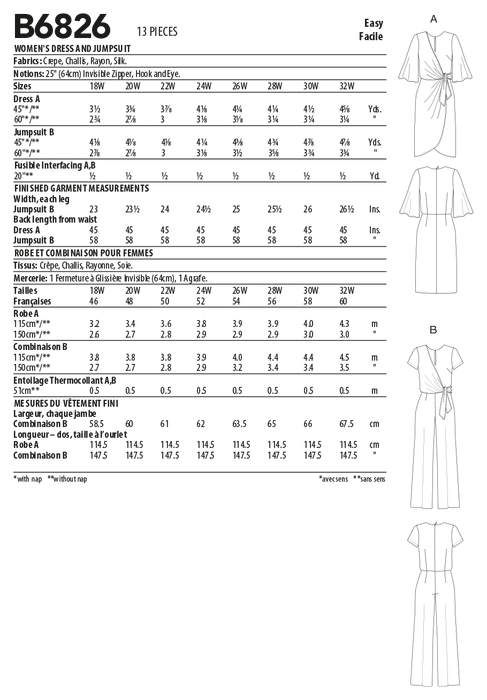 Butterick sewing pattern 6826 Women's Dress and Jumpsuit from Jaycotts Sewing Supplies