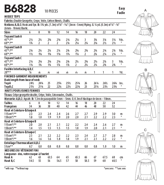 Butterick sewing pattern 6828 Misses' Tops from Jaycotts Sewing Supplies