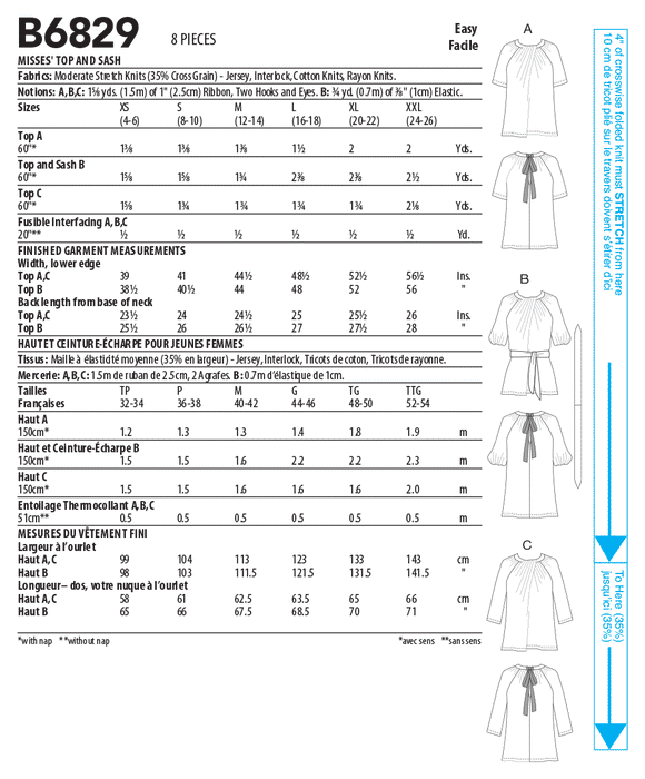 Butterick sewing pattern 6829 Misses' Tops and Sash from Jaycotts Sewing Supplies