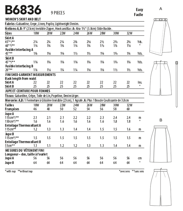 Butterick sewing pattern 6836 Women's Skirt and Belt from Jaycotts Sewing Supplies