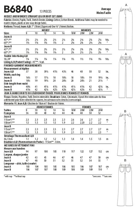 Butterick sewing pattern 6840 Misses' and Women's Straight-Leg or Boot Cut Jeans from Jaycotts Sewing Supplies