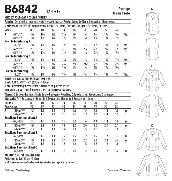 Butterick sewing pattern 6842 Misses' Fold-Back Collar Shirts from Jaycotts Sewing Supplies