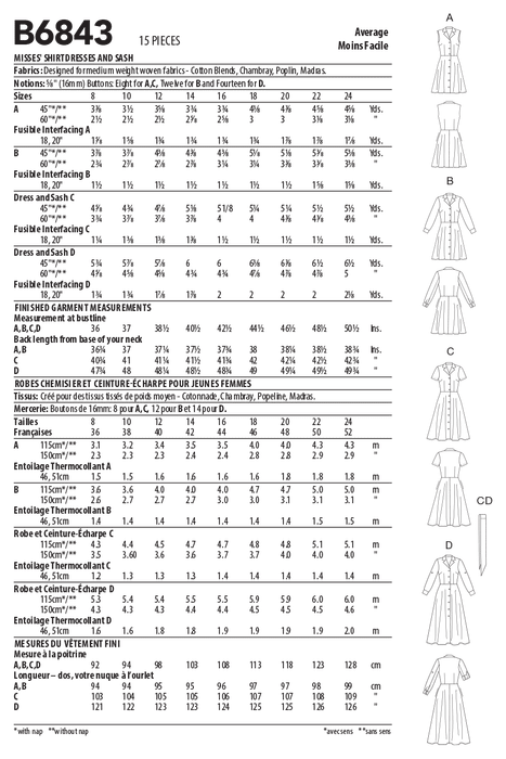 Butterick sewing pattern 6843 Misses' Shirtdresses and Sash from Jaycotts Sewing Supplies