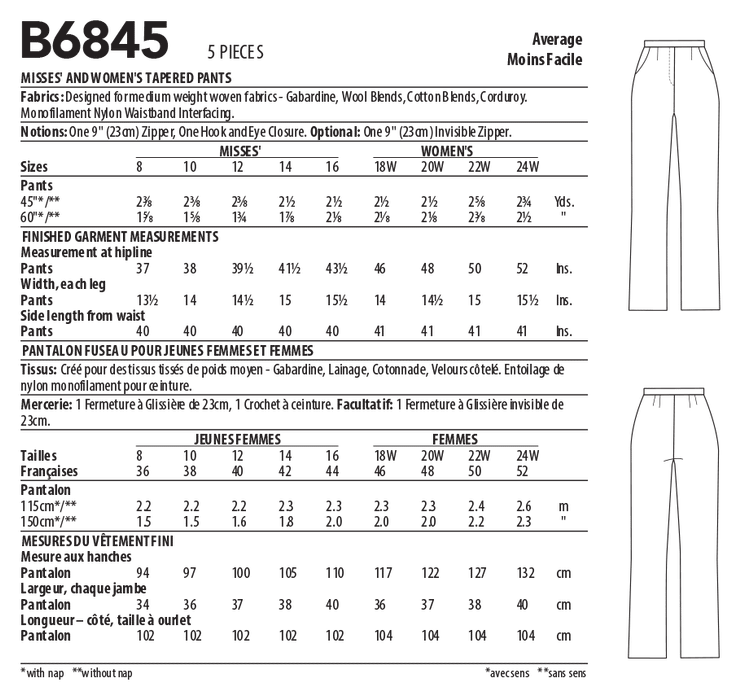 Butterick sewing pattern 6845 Misses' and Women's Tapered Pants from Jaycotts Sewing Supplies