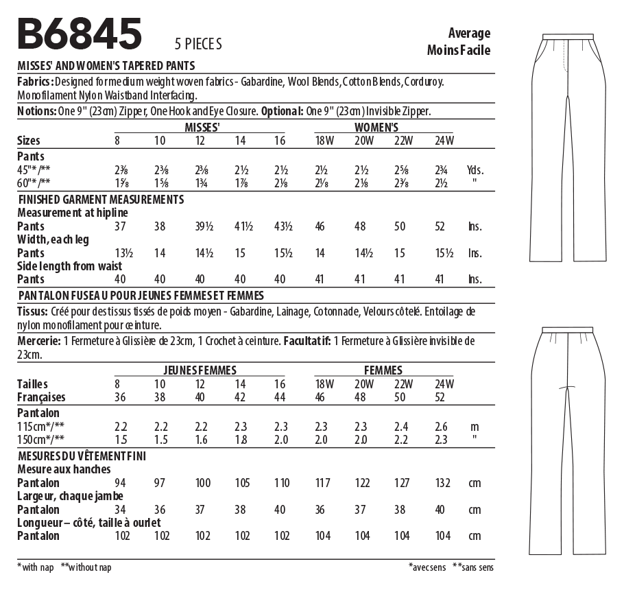 Butterick sewing pattern 6845 Misses' and Women's Tapered Pants from Jaycotts Sewing Supplies