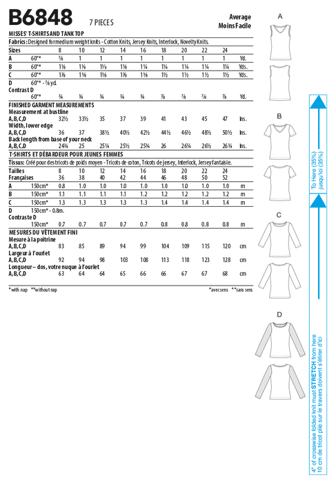 Butterick sewing pattern 6848 Misses' T-Shirts and Tank Top from Jaycotts Sewing Supplies