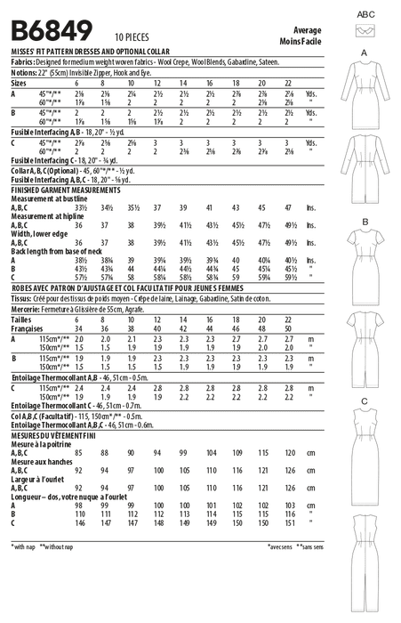 Butterick sewing pattern 6849 Misses' Fit Pattern Dresses and Optional Collar from Jaycotts Sewing Supplies