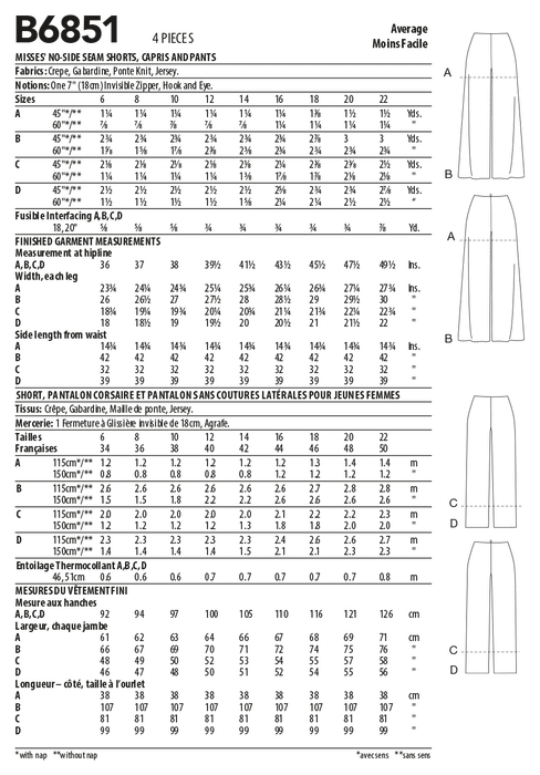 Butterick sewing pattern 6851 Misses' No-Side-Seam Shorts, Capris and Pants from Jaycotts Sewing Supplies