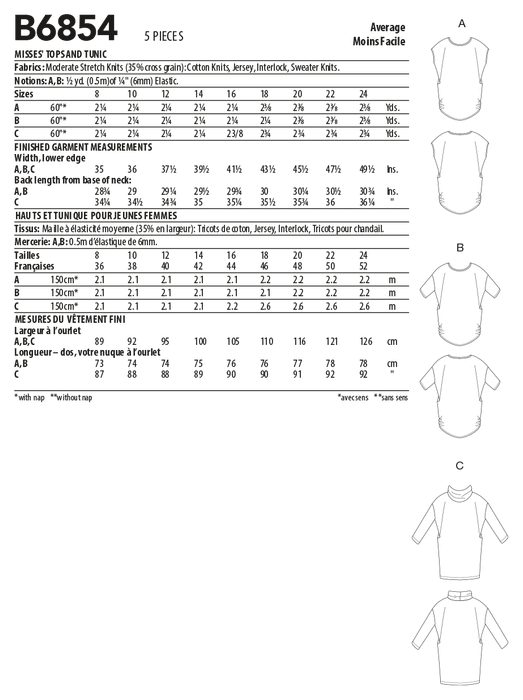 Butterick sewing pattern 6854 Misses' Tops and Tunic from Jaycotts Sewing Supplies