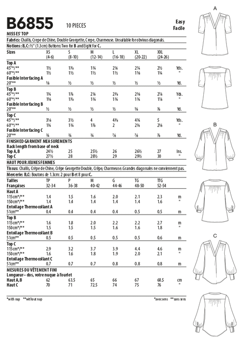 Butterick sewing pattern 6855 Misses' Top from Jaycotts Sewing Supplies