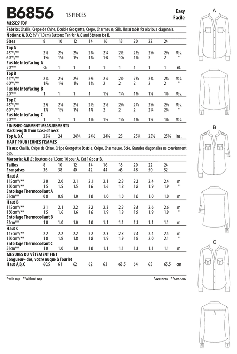 Butterick sewing pattern 6856 Misses' Top from Jaycotts Sewing Supplies