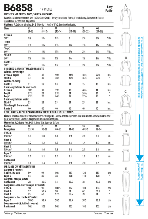 Butterick sewing pattern 6858 Misses' Knit Dress, Tops, Skirt and Pants from Jaycotts Sewing Supplies