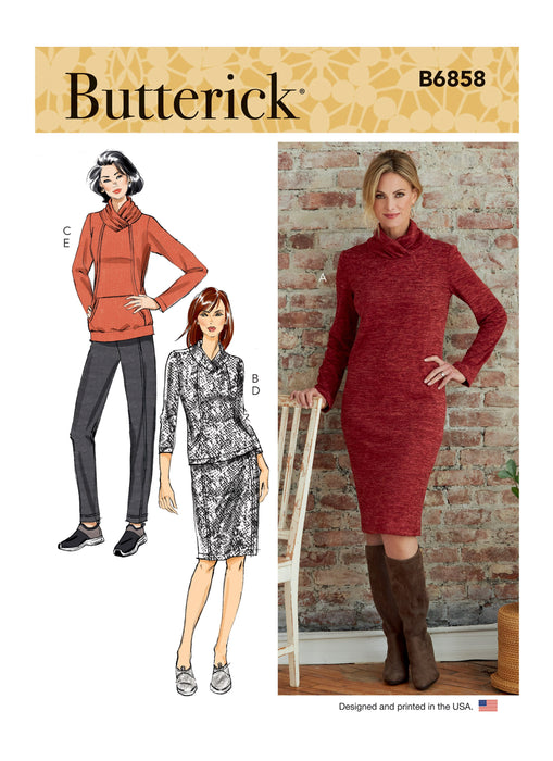 Butterick sewing pattern 6858 Misses' Knit Dress, Tops, Skirt and Pants from Jaycotts Sewing Supplies