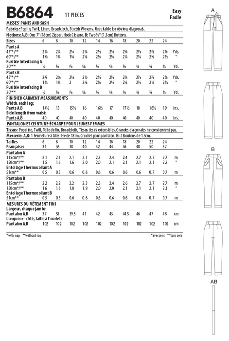 Butterick sewing pattern 6864 Misses' Pants and Sash from Jaycotts Sewing Supplies