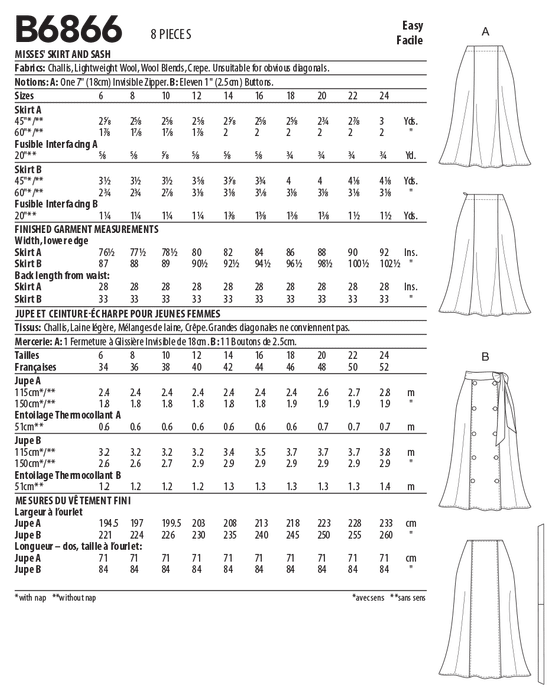 Butterick sewing pattern 6866 Misses' Skirt and Sash from Jaycotts Sewing Supplies