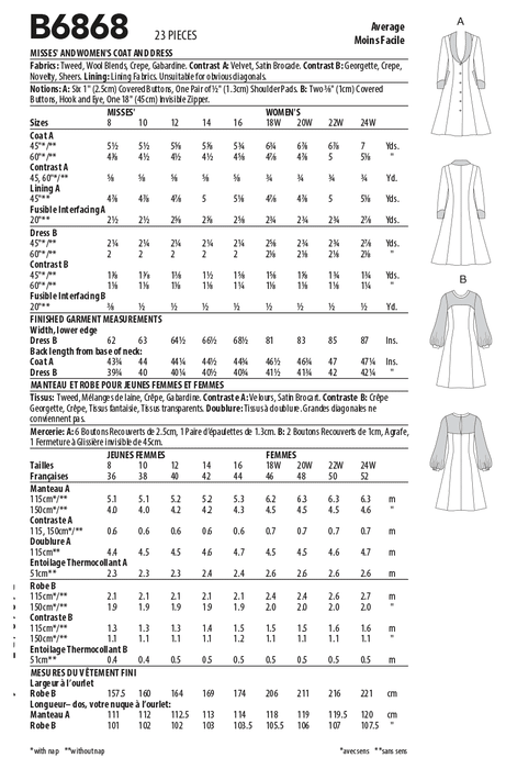 Butterick sewing pattern 6868 Misses' and Women's Coat and Dress from Jaycotts Sewing Supplies