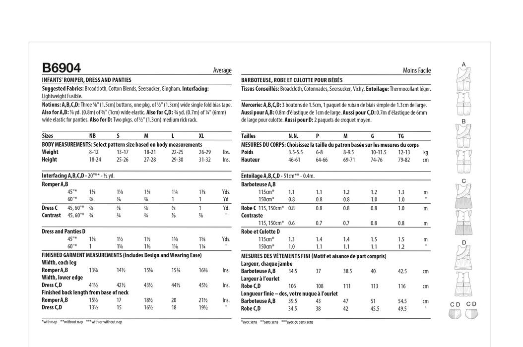 Butterick sewing pattern 6904 Infants' Romper, Dress and Panties from Jaycotts Sewing Supplies