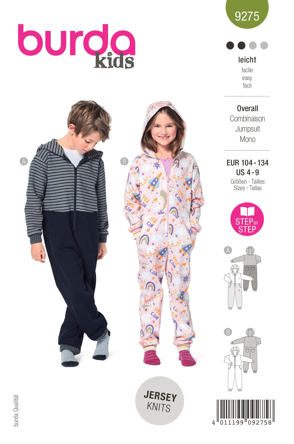 Burda Sewing Pattern 9275 Children's Hooded Jumpsuit and Onesie from Jaycotts Sewing Supplies