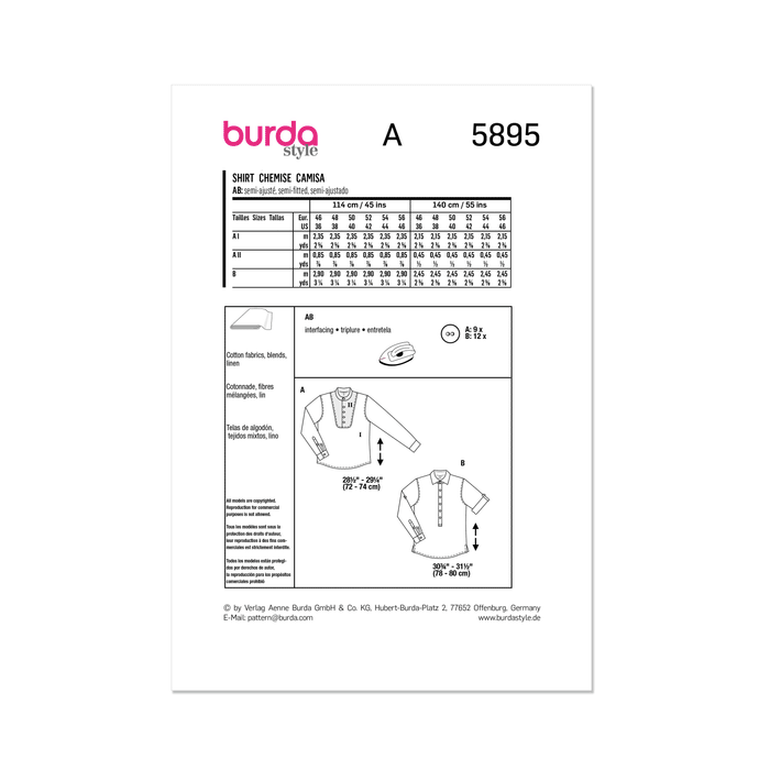 Burda Style Sewing Pattern 5895 Men's Top from Jaycotts Sewing Supplies