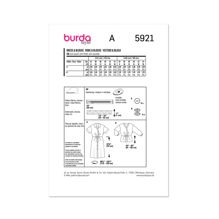 Burda Style Sewing Pattern 5921 Misses' Dress and Top from Jaycotts Sewing Supplies