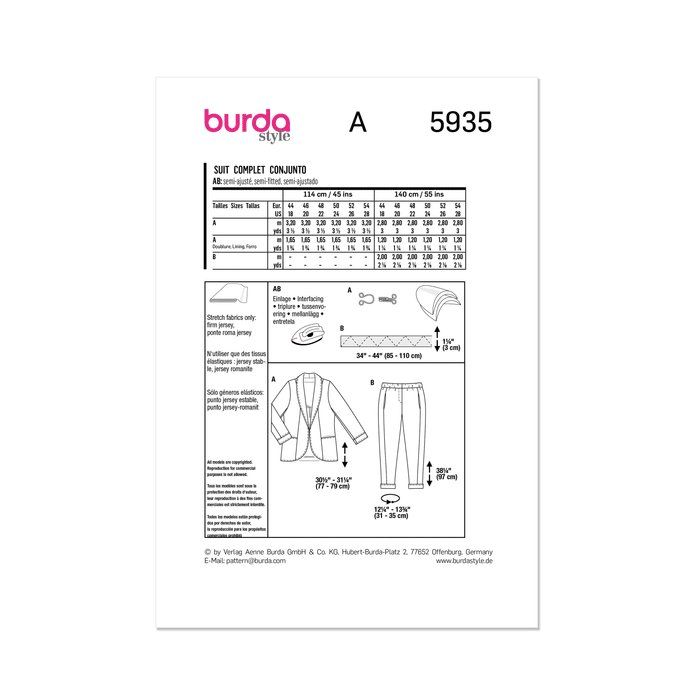 Burda Style Sewing Pattern 5935 Misses' Suit from Jaycotts Sewing Supplies