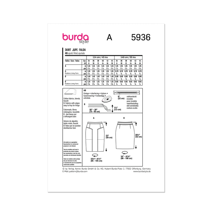 Burda Style Sewing Pattern 5936 Misses' Skirt from Jaycotts Sewing Supplies
