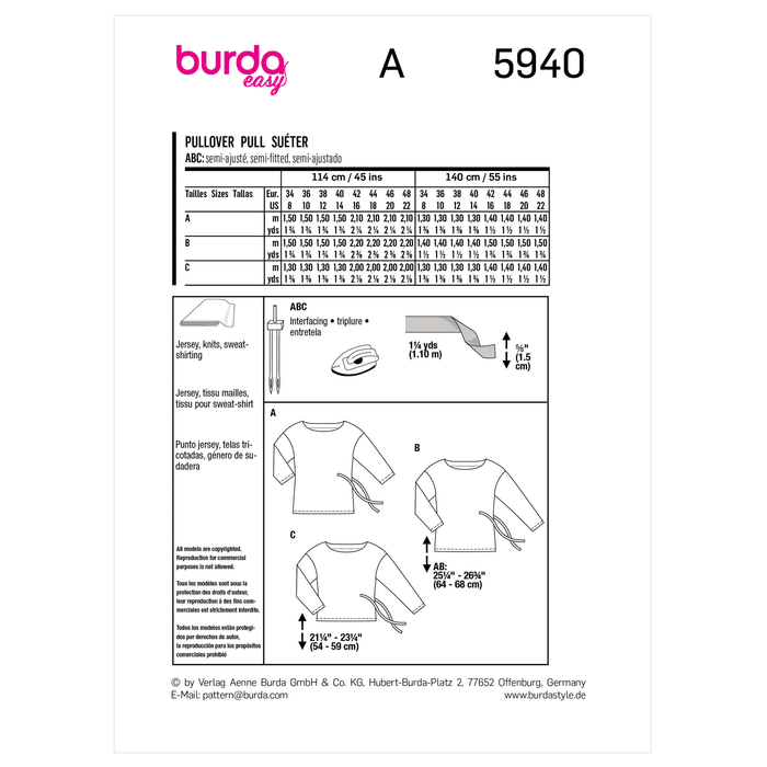 Burda Sewing Pattern 5940 Misses' Top from Jaycotts Sewing Supplies