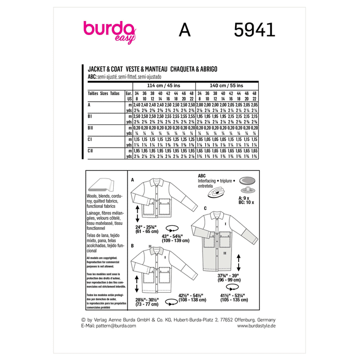 Burda Sewing Pattern 5941 Misses' Jacket and Coat from Jaycotts Sewing Supplies