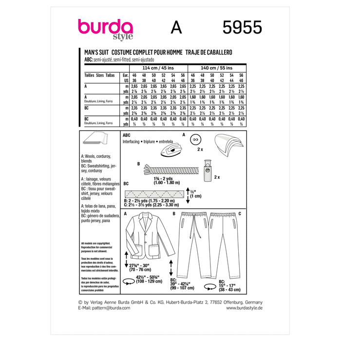 Burda Sewing Pattern 5955 Men’s Suit from Jaycotts Sewing Supplies