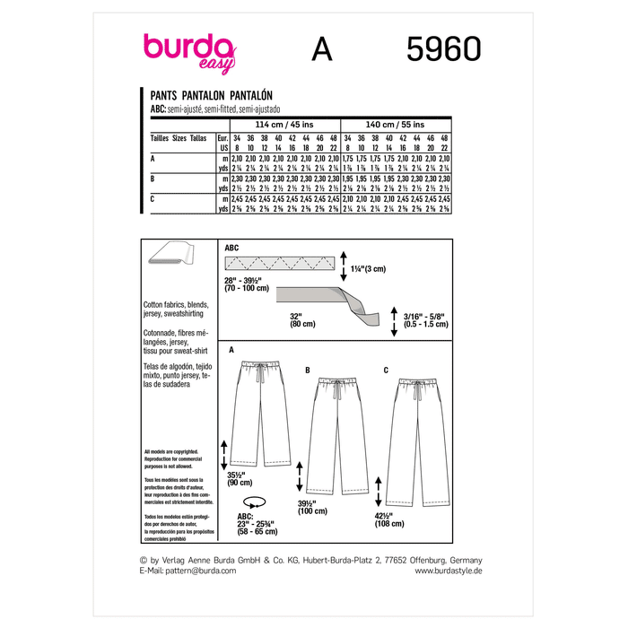 Burda Sewing Pattern 5960 Misses' Pants from Jaycotts Sewing Supplies