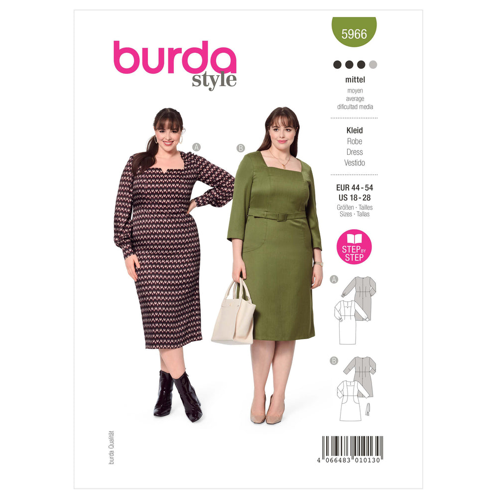 Burda Sewing Pattern 5966 Misses' Square Neck Dress with Panel Seams from Jaycotts Sewing Supplies
