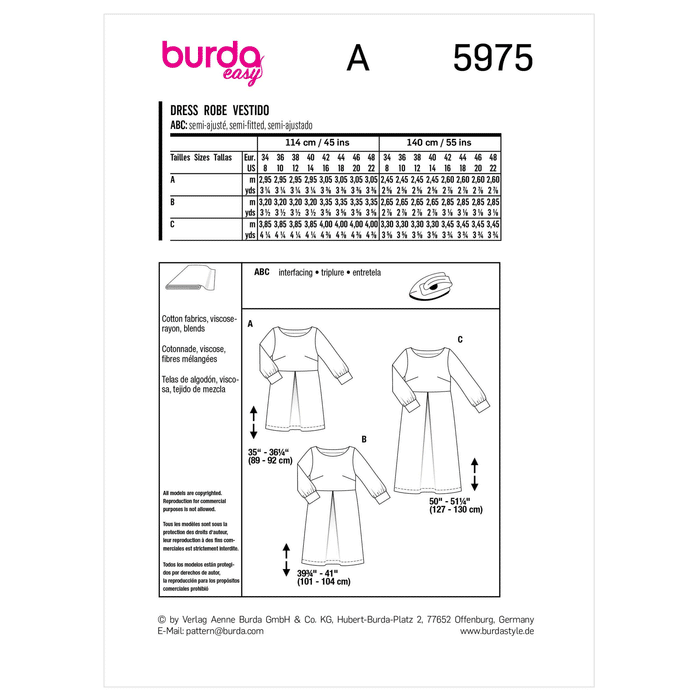 Burda Sewing Pattern 5975 Misses' Dress with Scoop Neckline from Jaycotts Sewing Supplies
