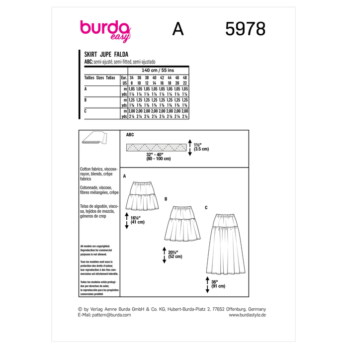 Burda Sewing Pattern 5978 Misses' Tiered Skirt with Elastic Waist from Jaycotts Sewing Supplies