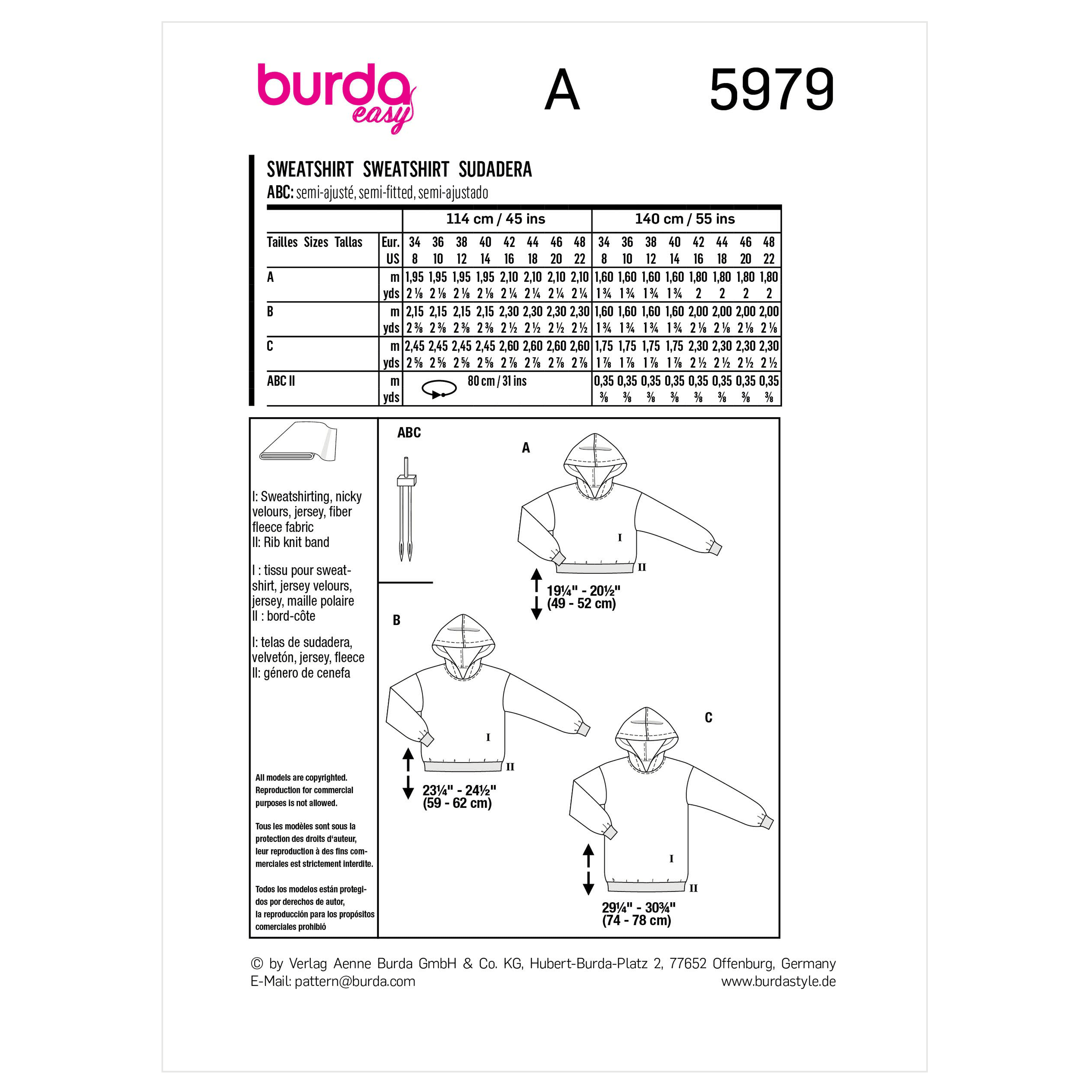 Burda Sewing Pattern 5979 Misses' Hoodie in Three Lengths from Jaycotts Sewing Supplies