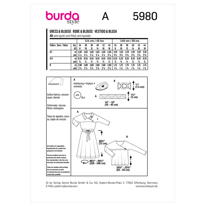 Burda Sewing Pattern 5980 Misses' Dress and Blouse from Jaycotts Sewing Supplies