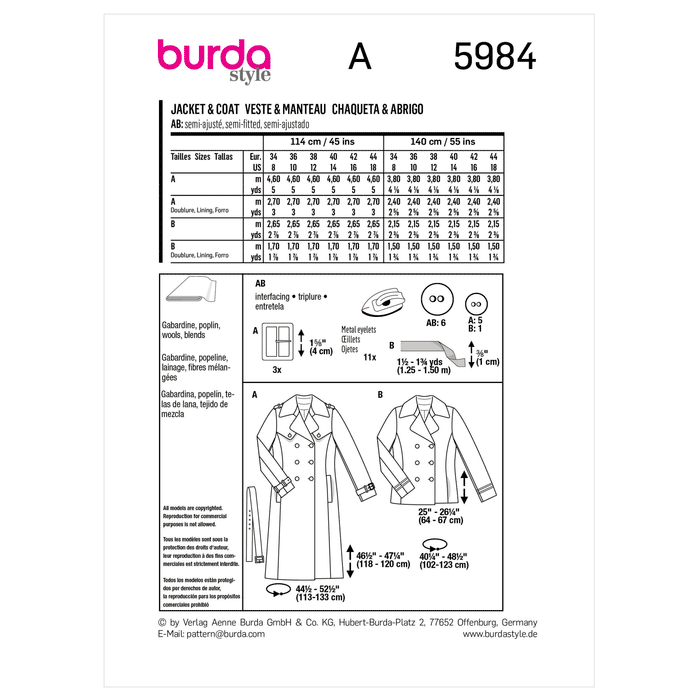 Burda Sewing Pattern 5984 Misses' Caban Jacket and Trench Coat from Jaycotts Sewing Supplies