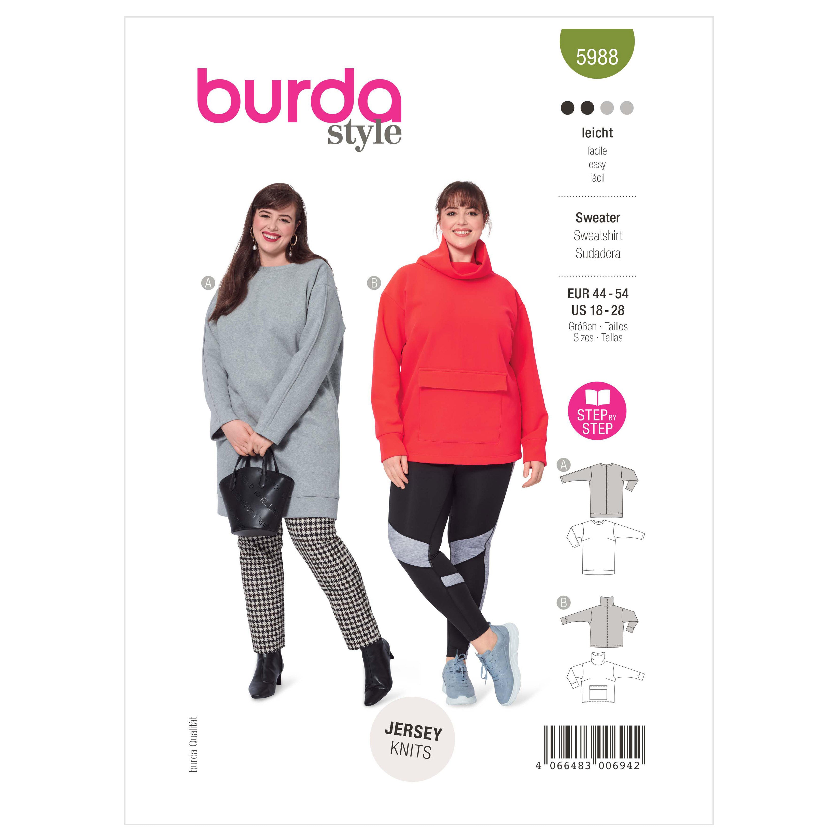 Burda Sewing Pattern 5988 Misses' Sweatshirts from Jaycotts Sewing Supplies