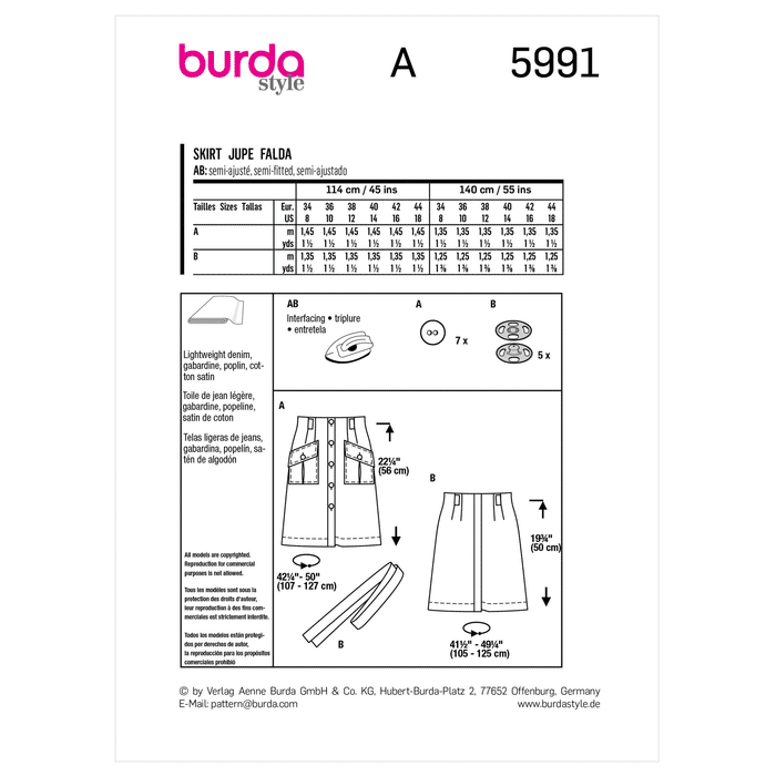 Burda Sewing Pattern 5991 Misses' Front Fastening Flared Skirt from Jaycotts Sewing Supplies