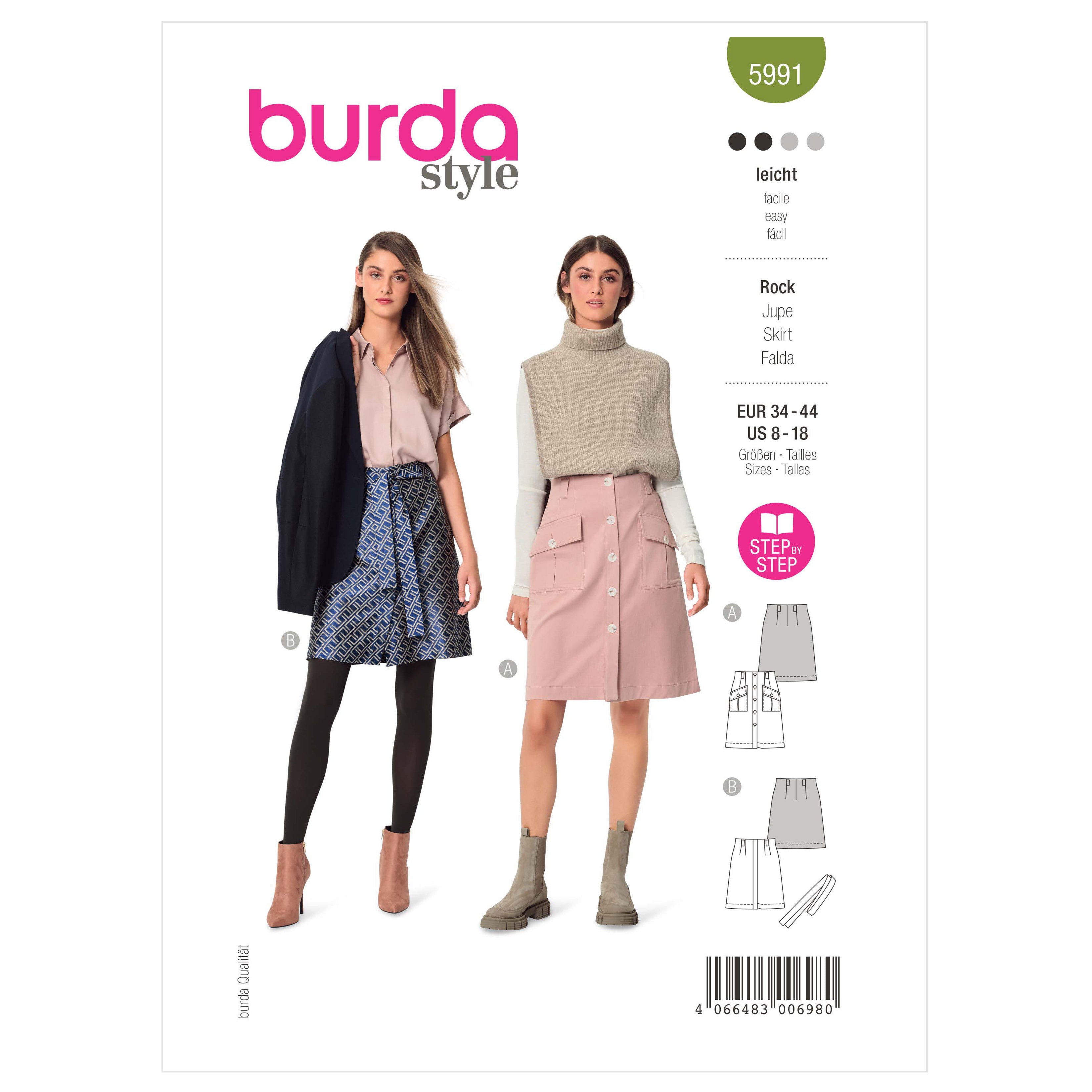 Burda Sewing Pattern 5991 Misses' Front Fastening Flared Skirt from Jaycotts Sewing Supplies