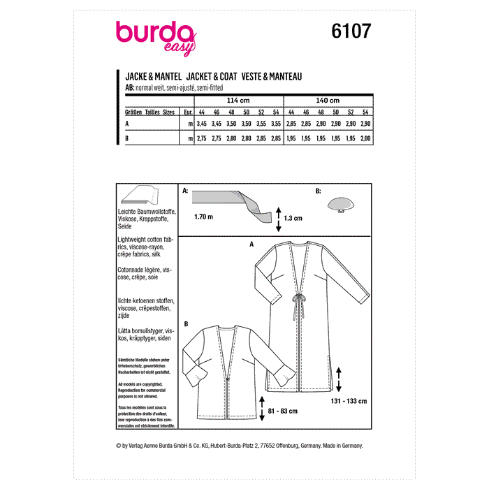 Burda Sewing Pattern 6107 Women's Blouson Jacket from Jaycotts Sewing Supplies