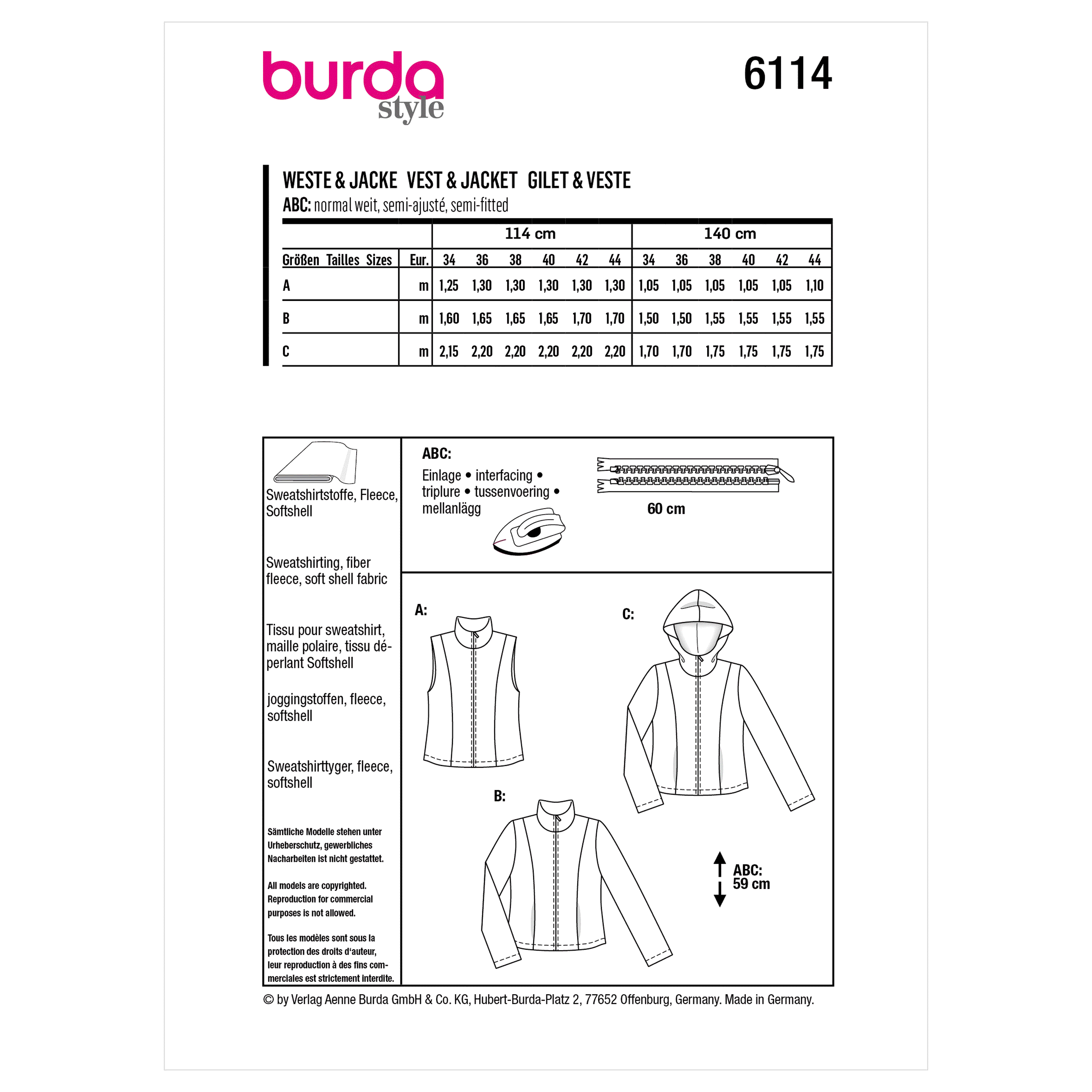 Burda Sewing Pattern 6114 Gilet, Hooded Jacket from Jaycotts Sewing Supplies