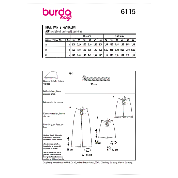 Burda Sewing Pattern 6115 Trousers and Shorts from Jaycotts Sewing Supplies