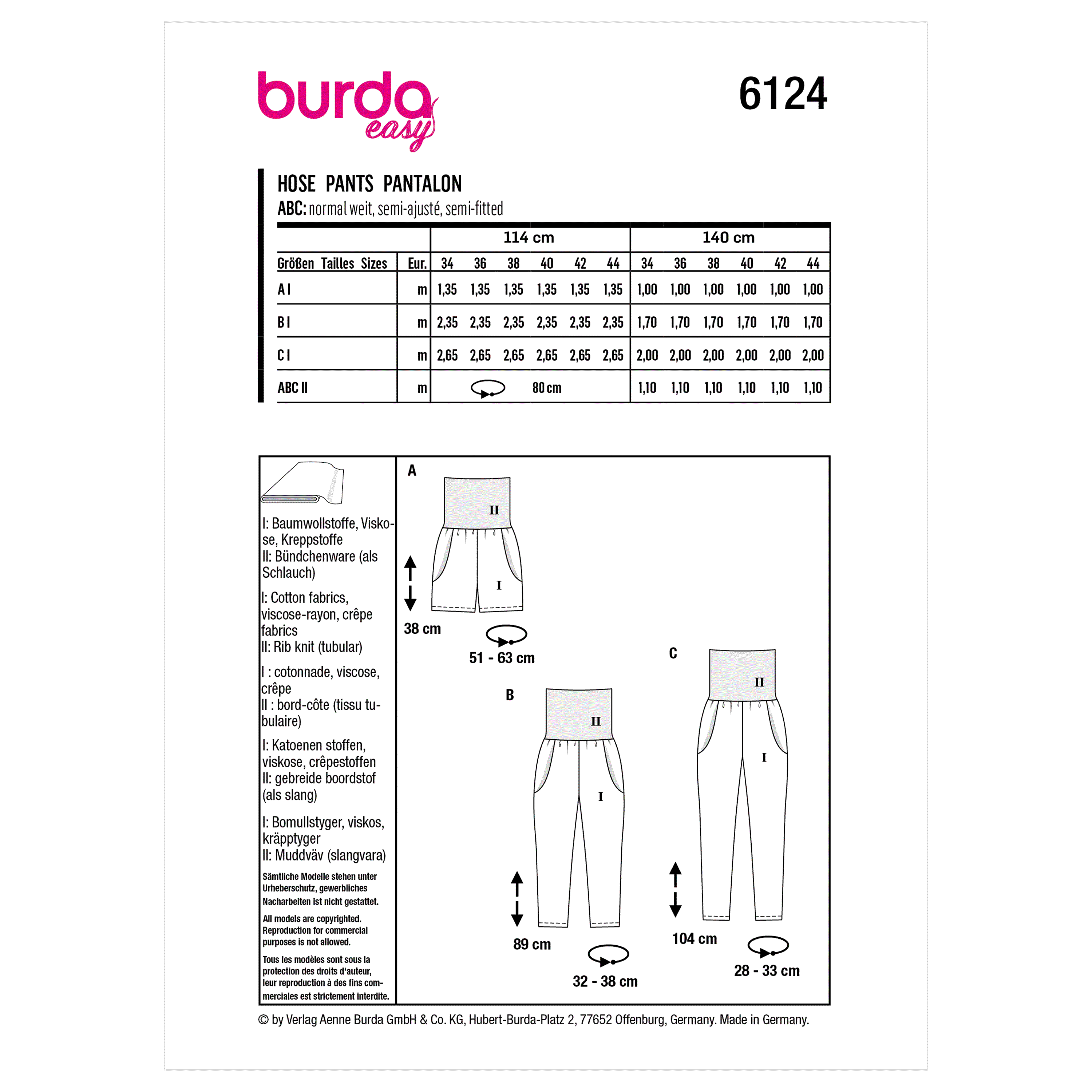 Burda Sewing Pattern 6124 Relaxed Pants from Jaycotts Sewing Supplies