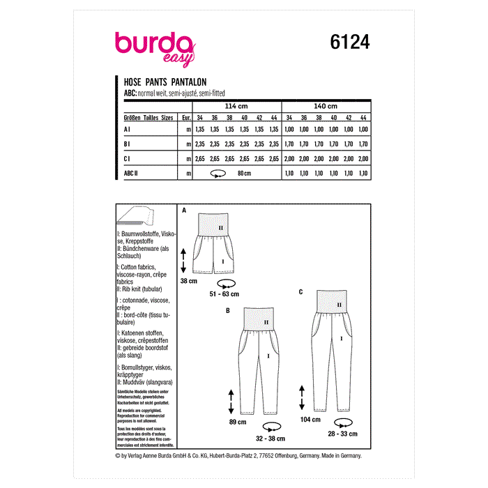 Burda Sewing Pattern 6124 Relaxed Pants from Jaycotts Sewing Supplies