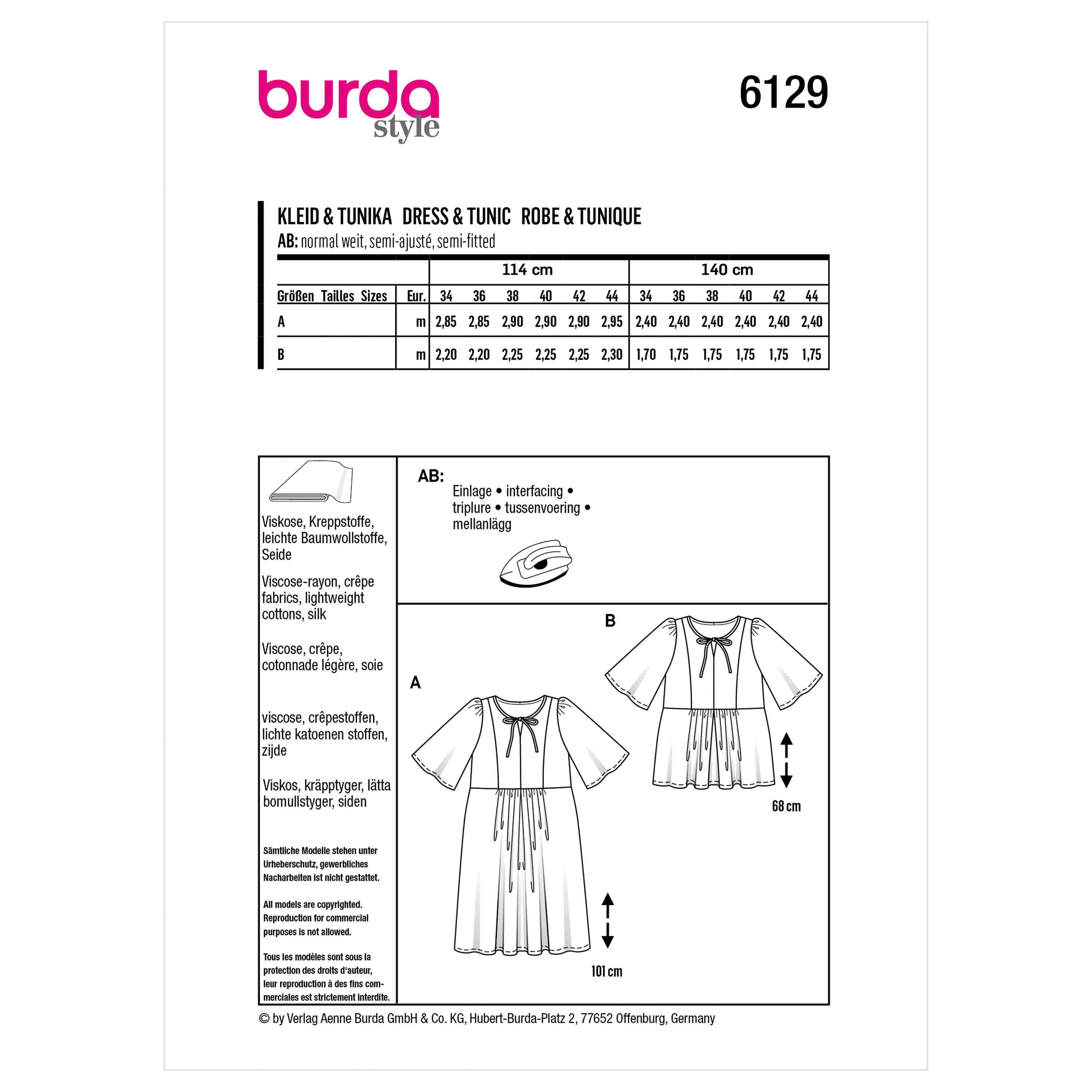 Burda Sewing Pattern 6129 Dress from Jaycotts Sewing Supplies