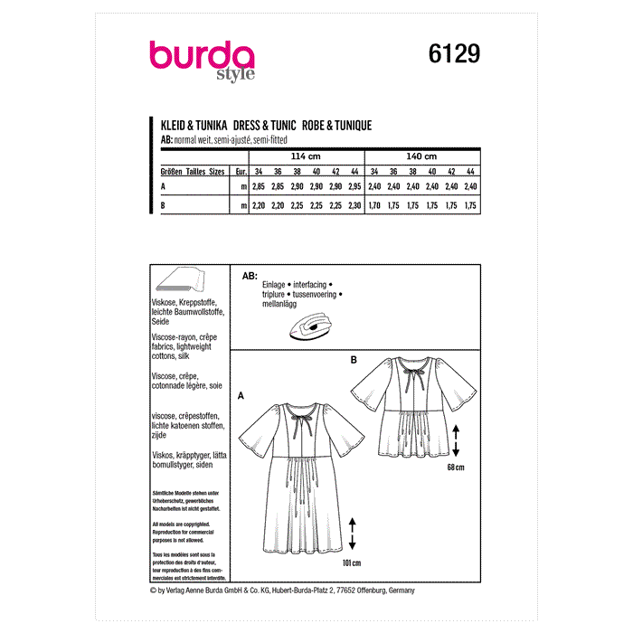 Burda Sewing Pattern 6129 Dress from Jaycotts Sewing Supplies