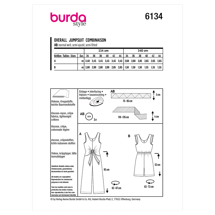 Burda Sewing Pattern 6134 Jumpsuit from Jaycotts Sewing Supplies