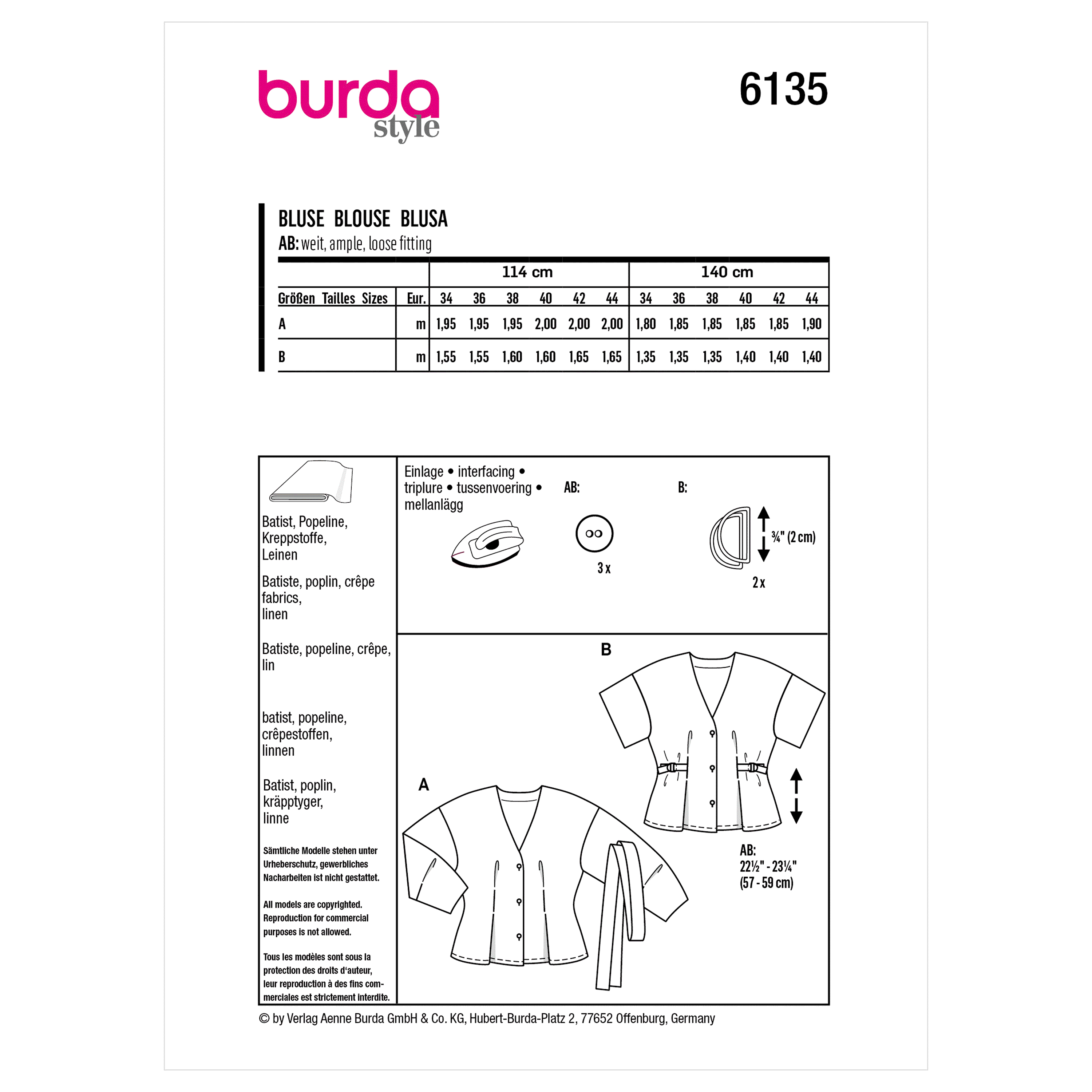 Burda Sewing Pattern 6135 Blouse from Jaycotts Sewing Supplies